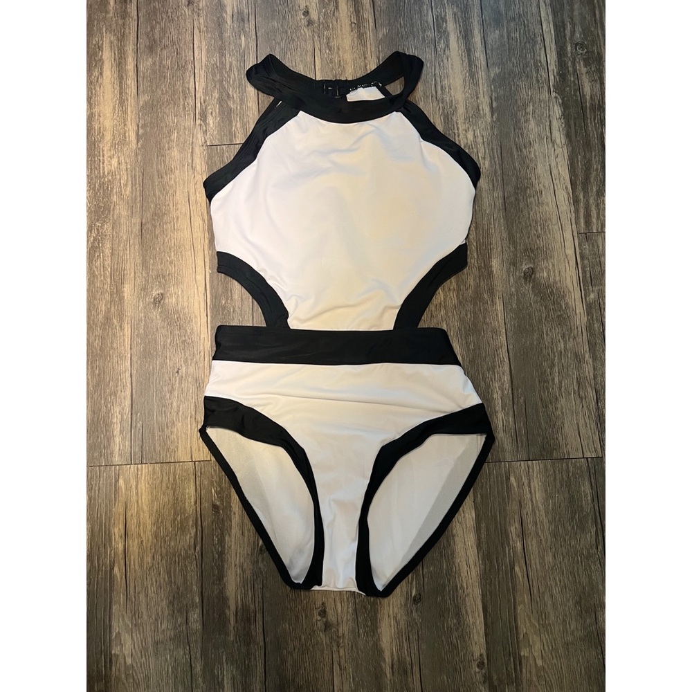 White and Black One Piece Bathing Suit